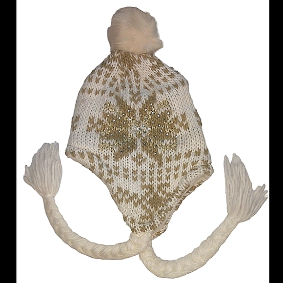 Sweetcakes kid's pompom flap sparkly snowflake cream gold hat with braided ties - Picture 1 of 1